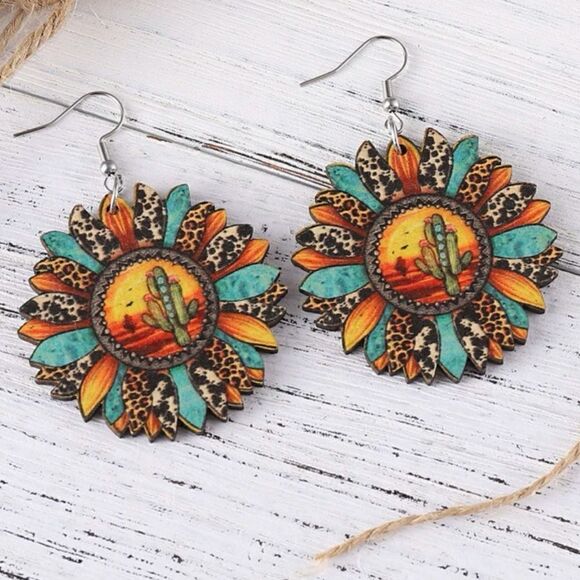 Sunflower drop earrings wood bohemian cheetah print - Picture 1 of 8